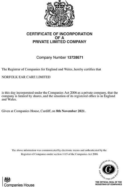 Company incorporation certificate for Norfolk Ear Care