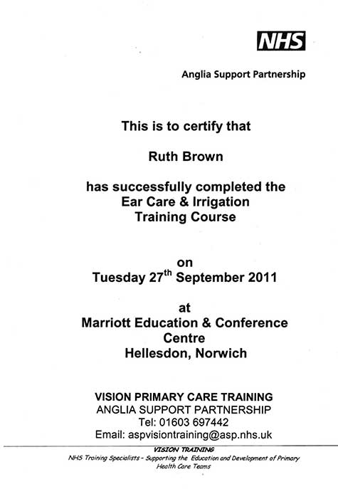 Ear Care & Irrigation Certificate for Norfolk Ear Care